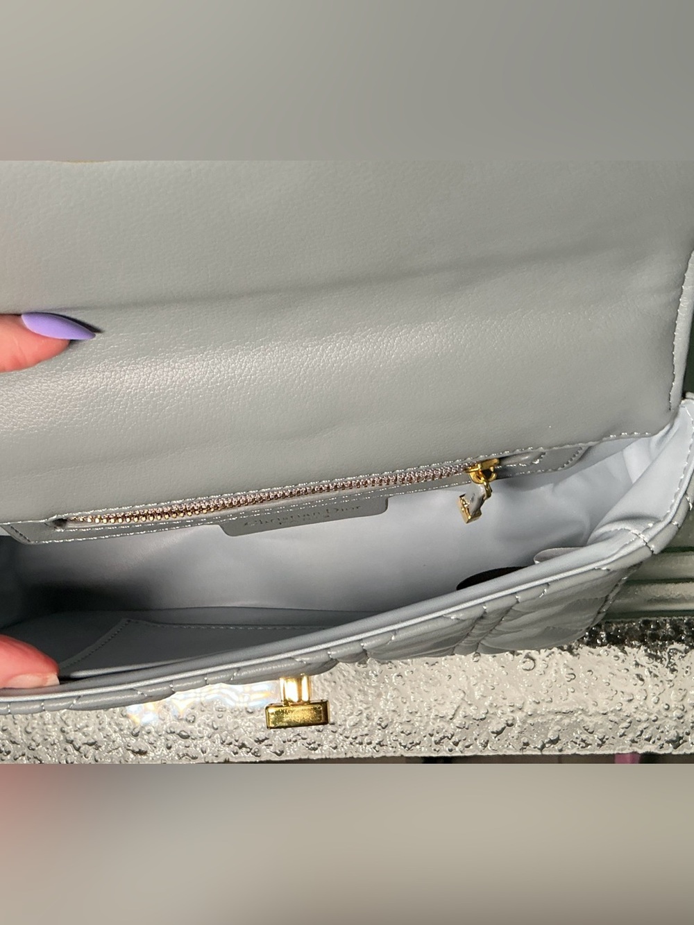 Gray Quilted Shoulder Bag with Gold Hardware